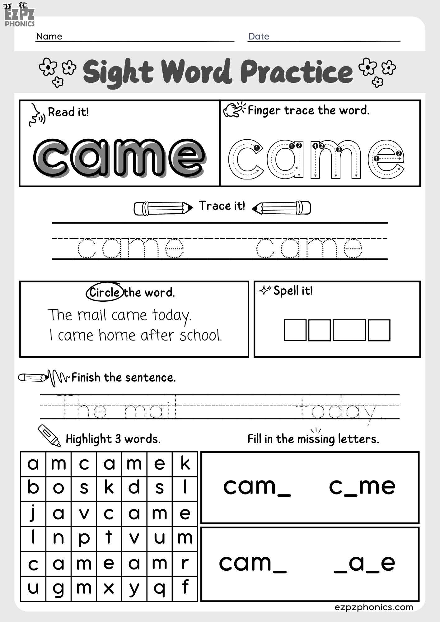 Dolch Kindergarten Sight Word “Came” – Downloadable PDF Worksheet